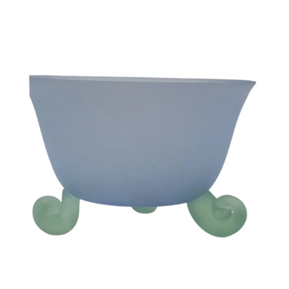 Glass Nut Candy or Treat Bowl Dish Satin Frost Blue With Green Snail Shaped Feet